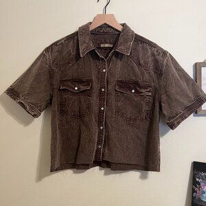 We the Free Medium Chocolate Denim Oversized Buttoned "The Short of It" Shirt